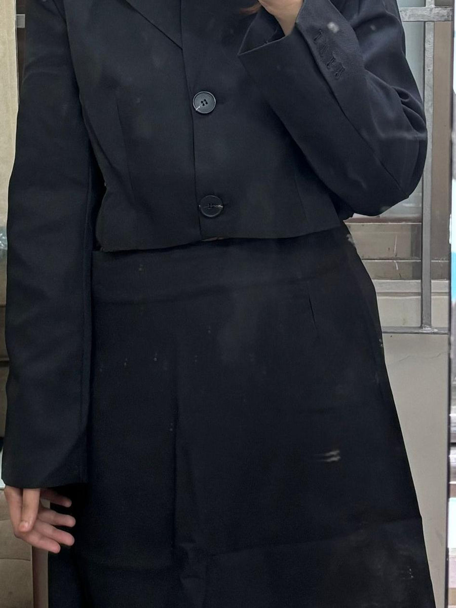 Classic Cropped Blazer & Mini Skirt Set by SR Store in black with frayed-hem mini skirt.