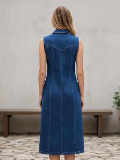 Back view of blue sleeveless denim midi shirt dress with collar, V-shaped yoke and vertical seam panels.