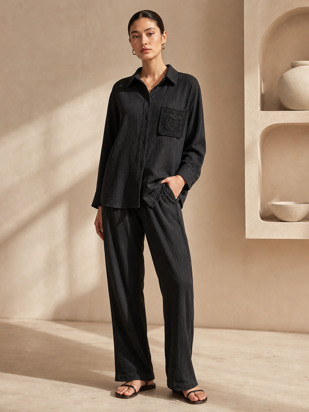 EXCLUSIVES Embroidered Pocket Shirt & Pants Coord Set in black with crochet pocket detail.