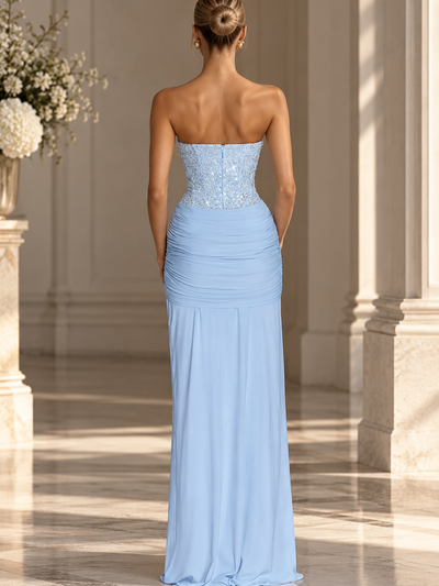 Ophelia Corset Maxi Dress by EXCLUSIVES, light blue strapless sequined corset top with ruched floor-length skirt.