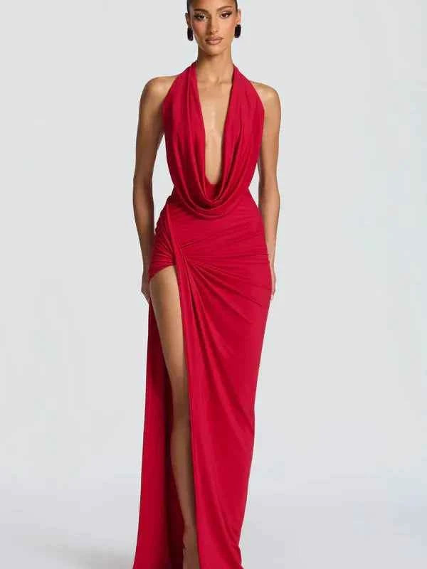Deep Cowl Halter Maxi Dress by Exclusives in red with high slit