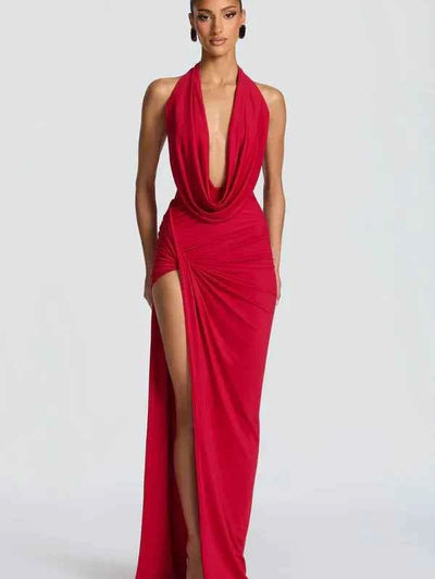 Deep Cowl Halter Maxi Dress by Exclusives in red with high slit