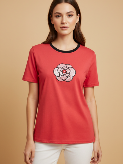 Print Cotton Lycra Flower CH T-Shirt, coral short-sleeve top with black neckline and floral print