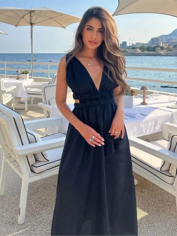 Black Linen Cutout V Neck Backless Dress