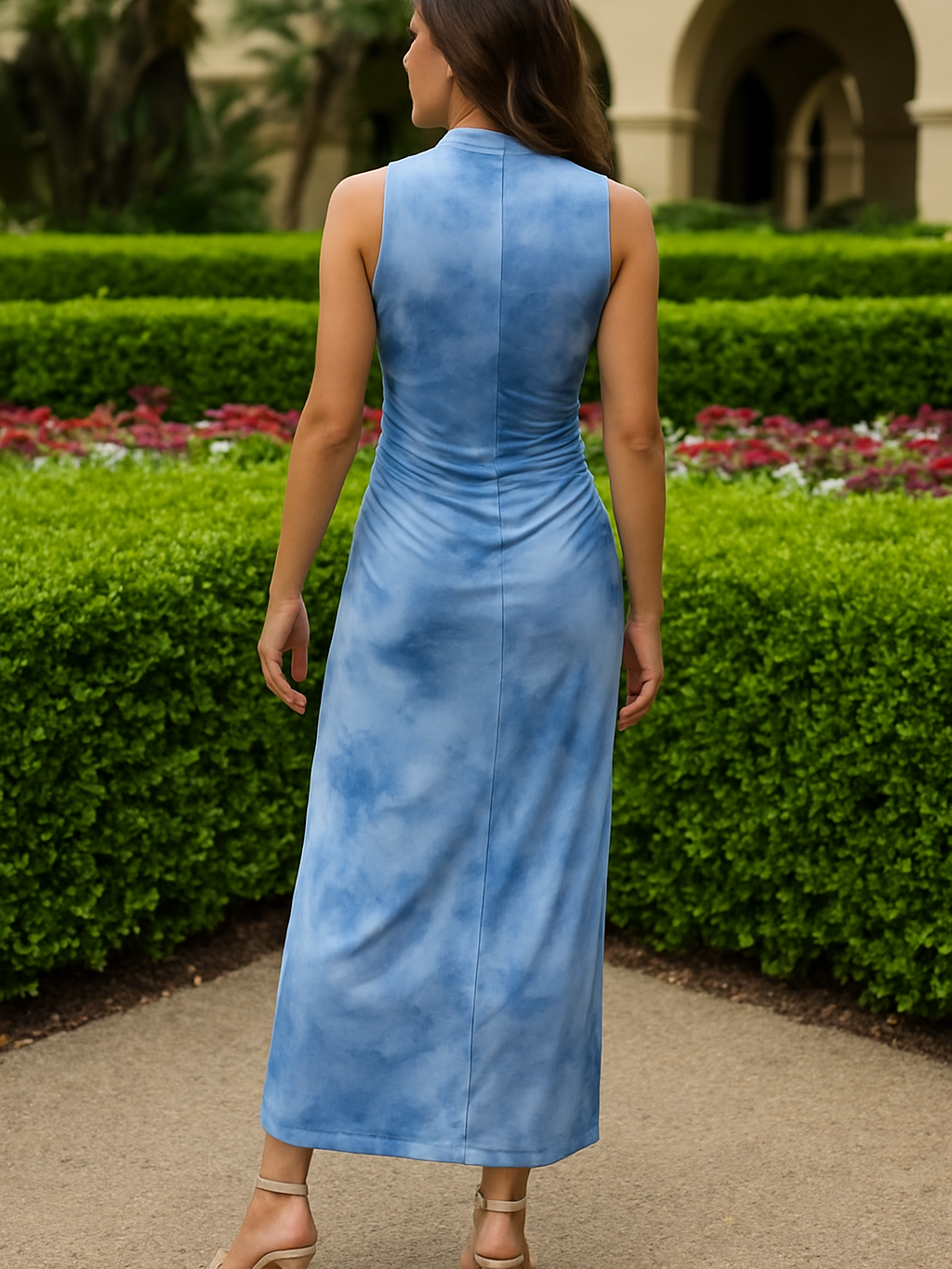 High Neck Floral Print Ruched Maxi Dress