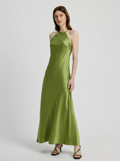 Green Halter Neck Slip Satin Dress
