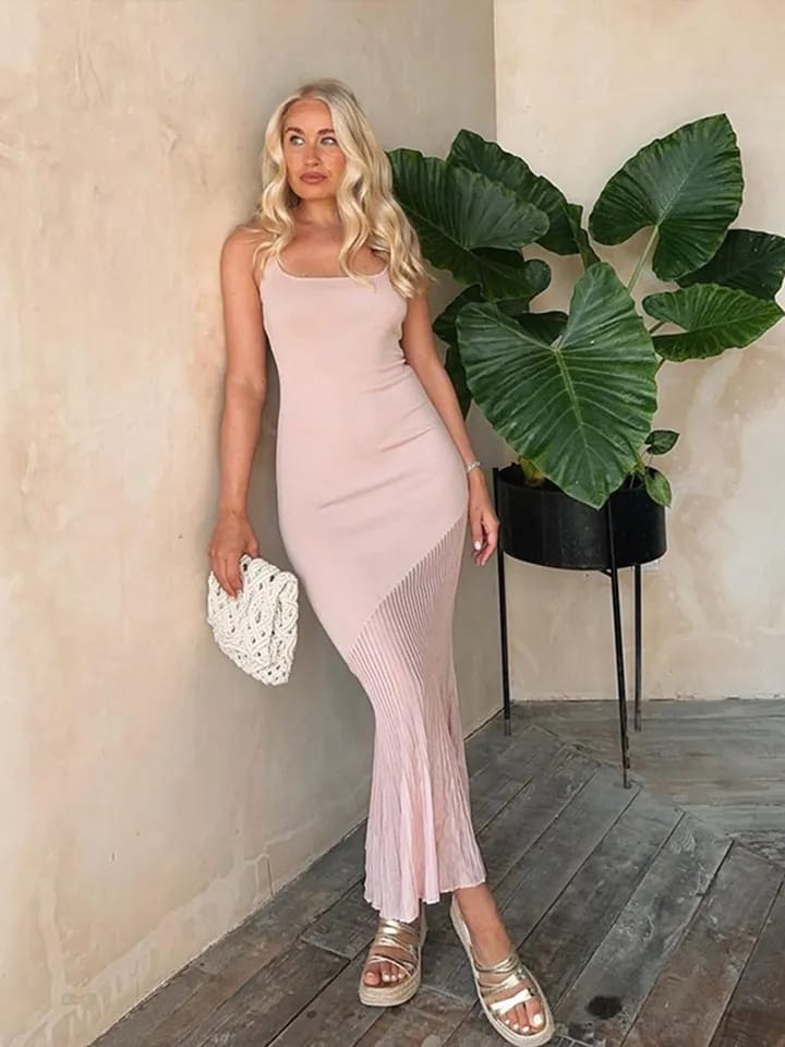 Spaghetti Strap Pink Knitted Dress