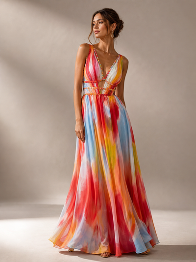 Rainbow Watercolour Studded Cut-Out Maxi Dress by Exclusives, multicolor sleeveless maxi with studded waist and V-neck