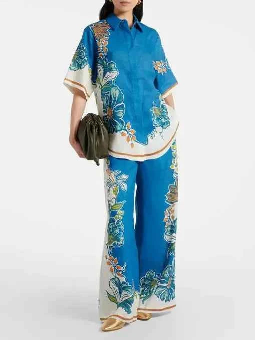 Exclusives 2-piece Floral Border Print Shirt & Wide-Leg Pants Set in blue with bold floral borders.