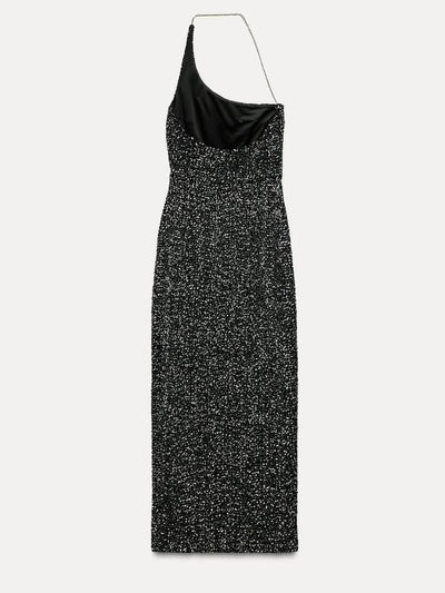 Asymmetric Sequins Slit Maxi Dress