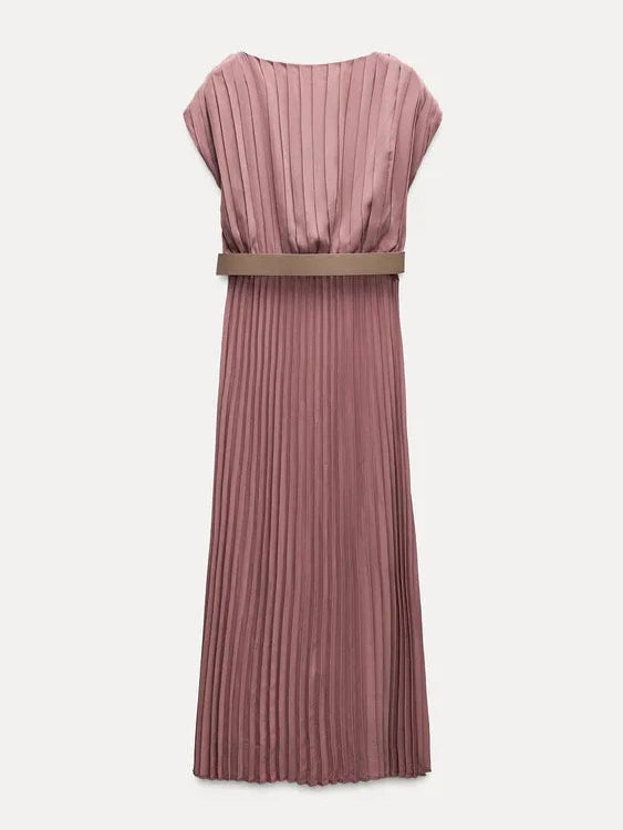 Pleated Midi Dress With Belt