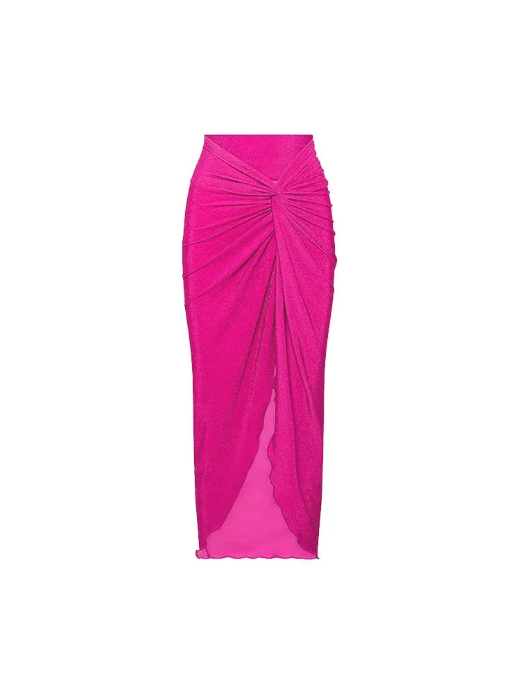 Exclusives Sheer Sleeve Corset Swimsuit and Ruched Maxi Skirt Set in hot pink