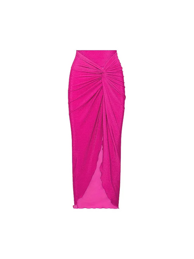 Exclusives Sheer Sleeve Corset Swimsuit and Ruched Maxi Skirt Set in hot pink