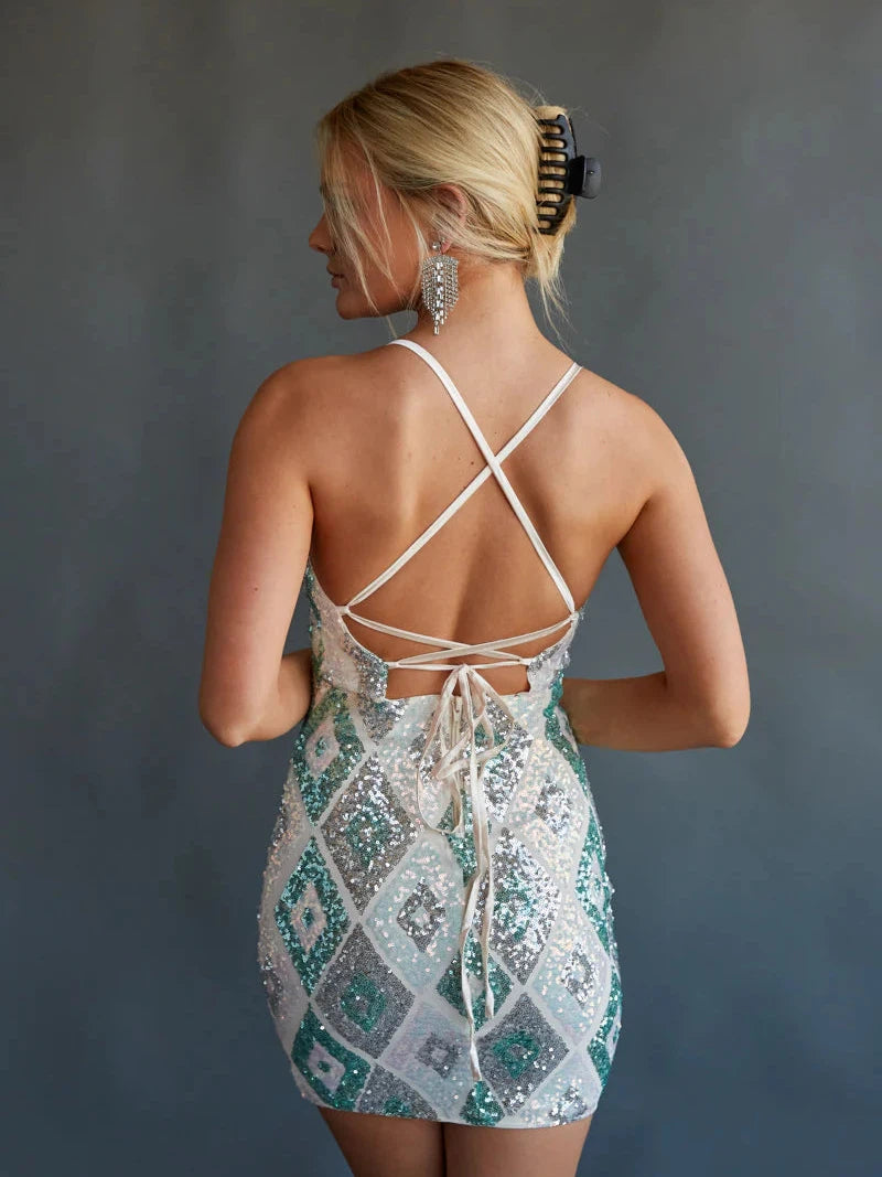 Lace-up Sequins Short Bodycon Dress Lace-up Sequins Short Bodycon Dress
