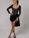 Lace Corset Full Sleeves Ruched Ribbon Short Dress