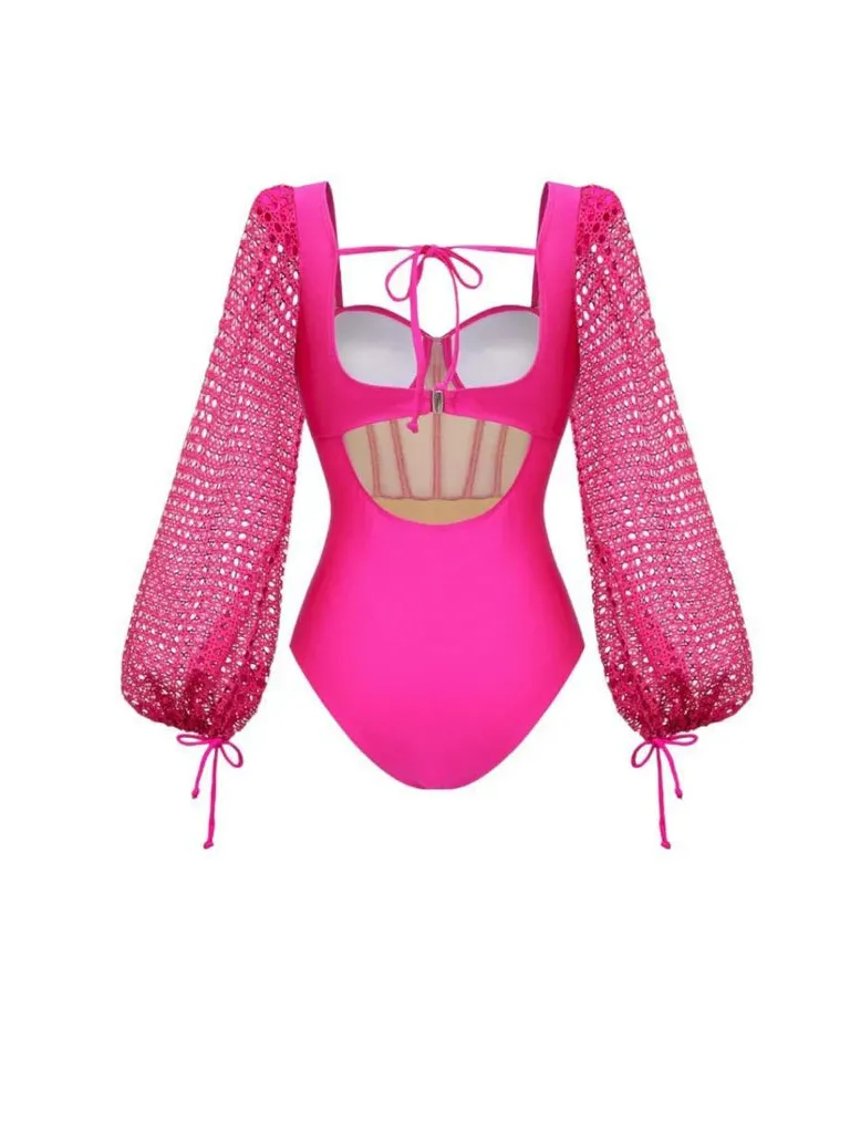 Exclusives pink sheer-sleeve corset swimsuit set with ruched front panel and long mesh sleeves