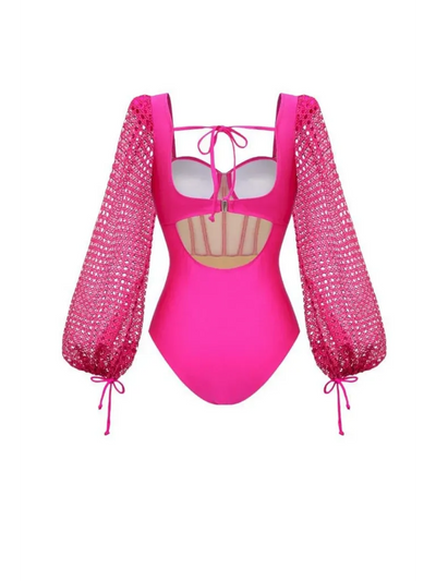 Exclusives pink sheer-sleeve corset swimsuit set with ruched front panel and long mesh sleeves