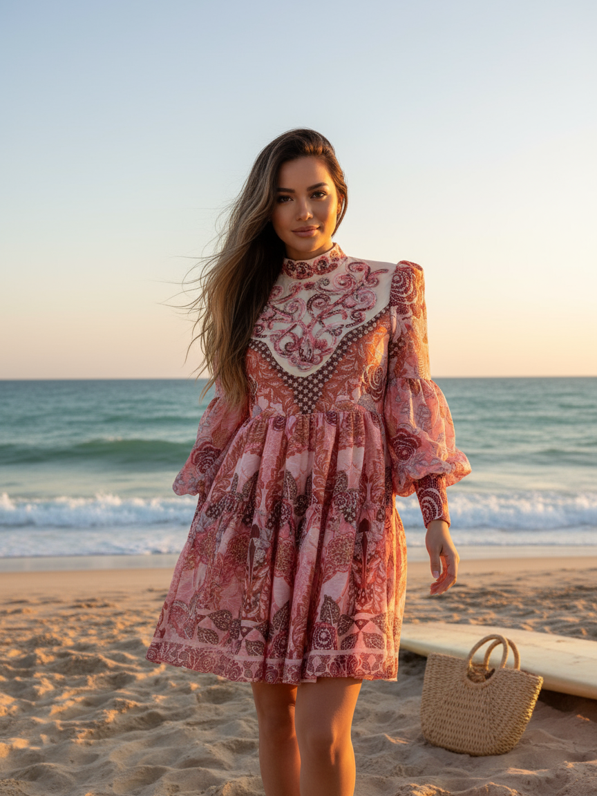 Woman in pink floral high-neck A-line dress with puff sleeves on a sunset beach; white lace yoke, bag nearby.