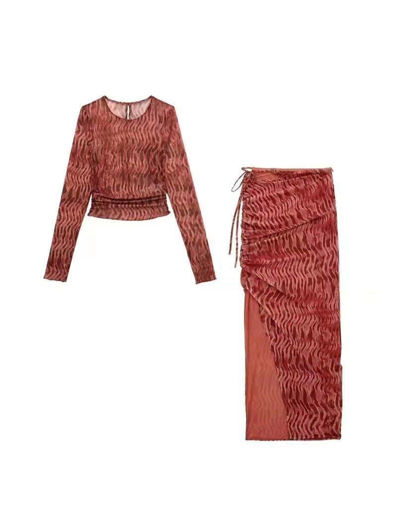 Abstract Print Mesh Tulle Top & Skirts Coord Set