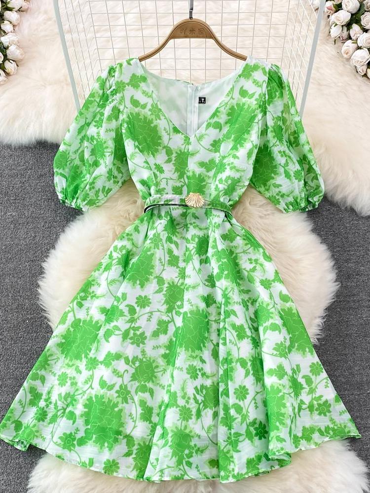 Floral A-line dress with belt by Exclusives, green and white botanical print with puff sleeves