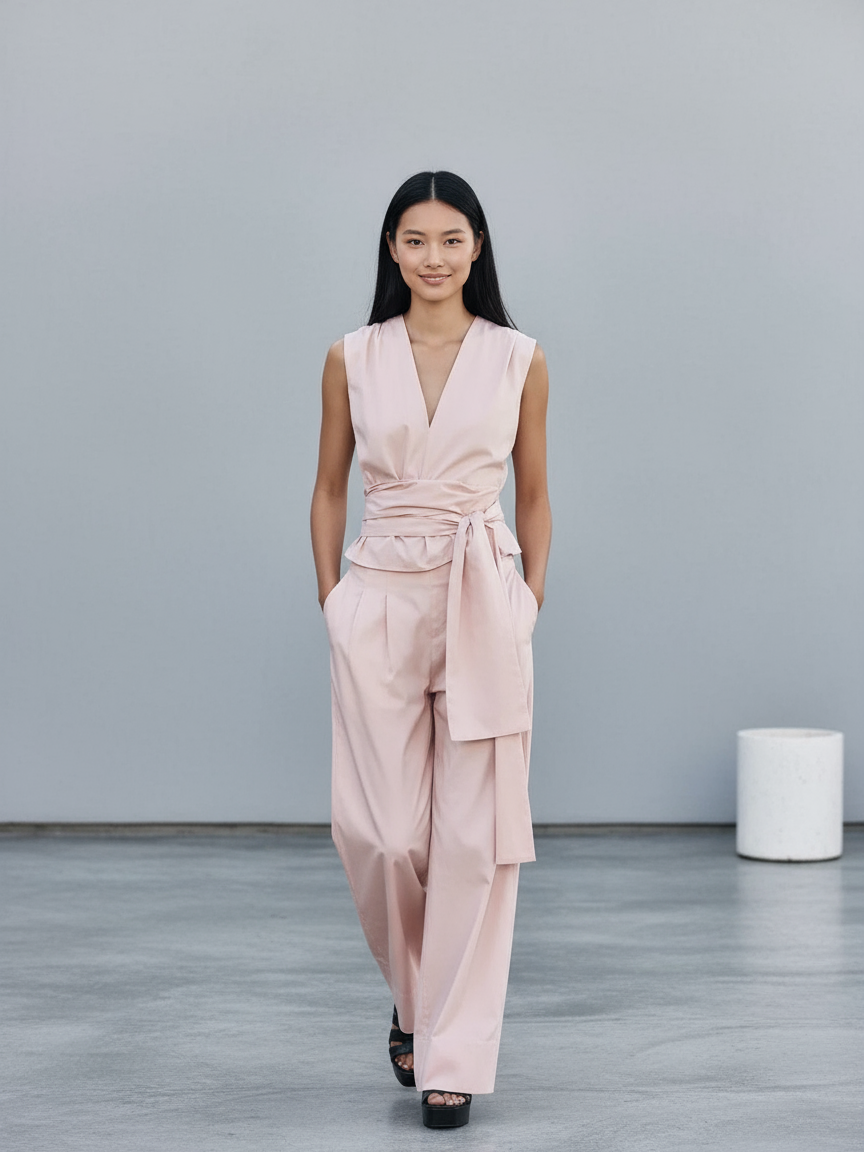 Poplin V neck Top & High Waist Wide Leg Pant Coord Set