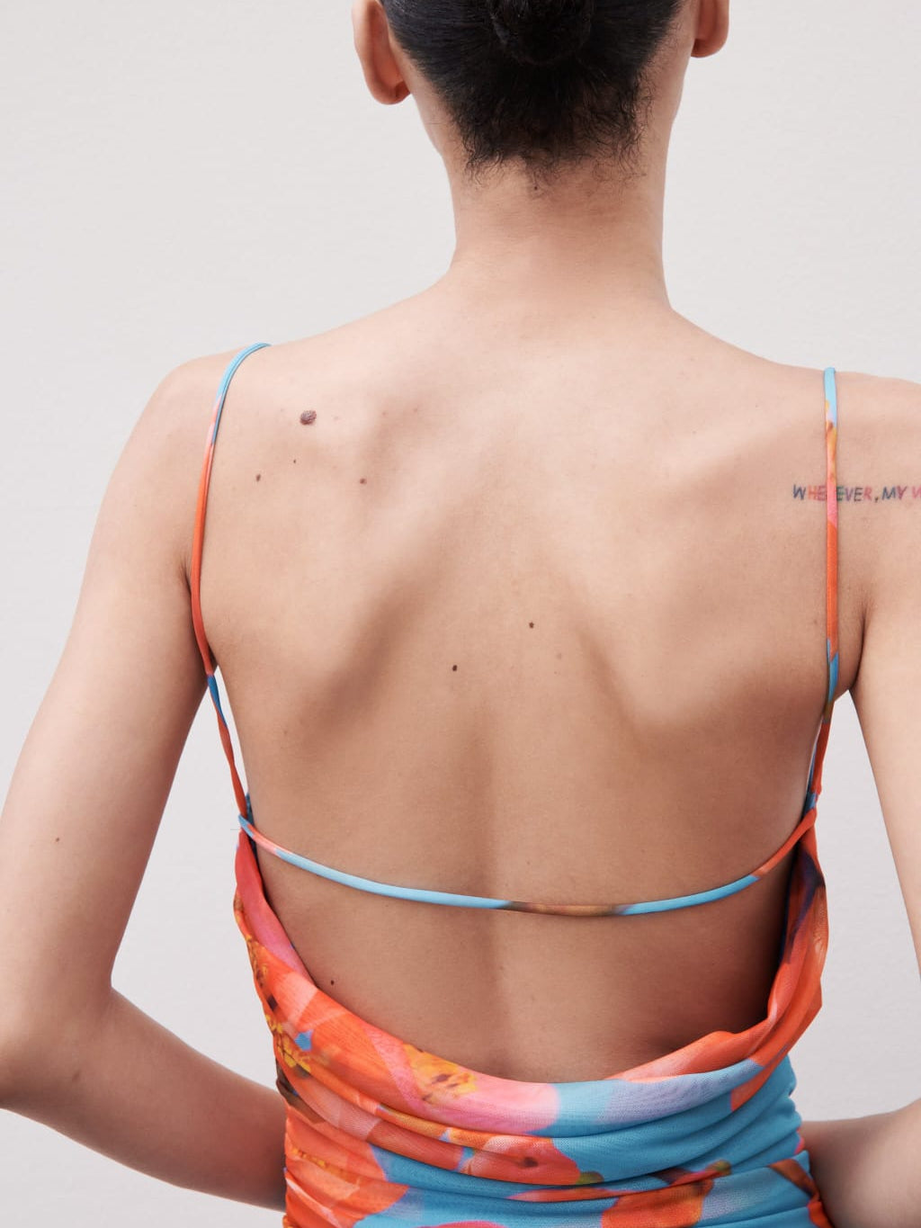 Asymmetric Floral Print Mesh Backless Dress