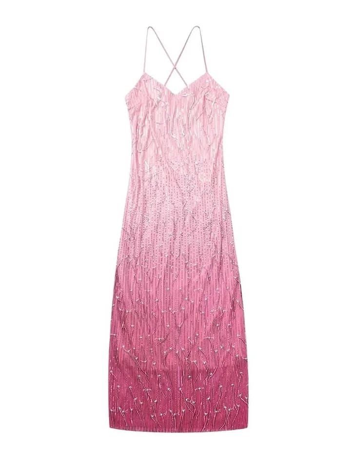 Pink Tie Dye Sequins Tassel Dress