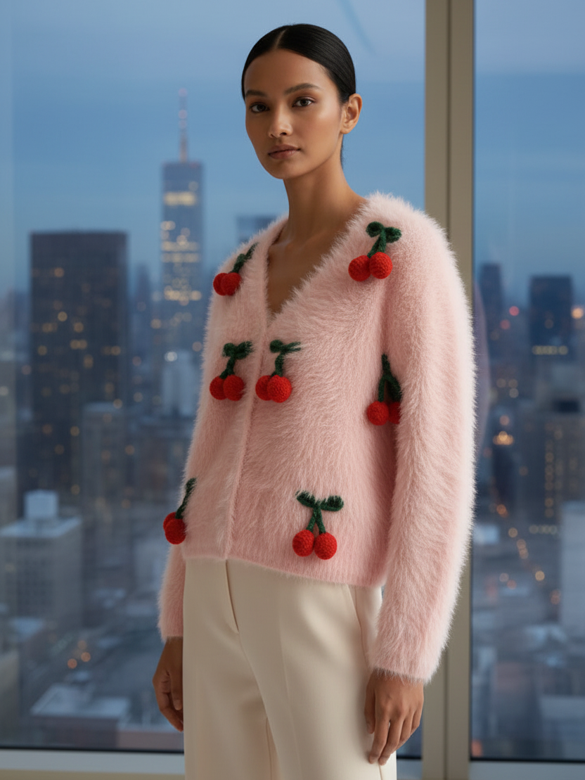 V-neck cherry jacket by Winters, pink fluffy knit with red cherry embroidery