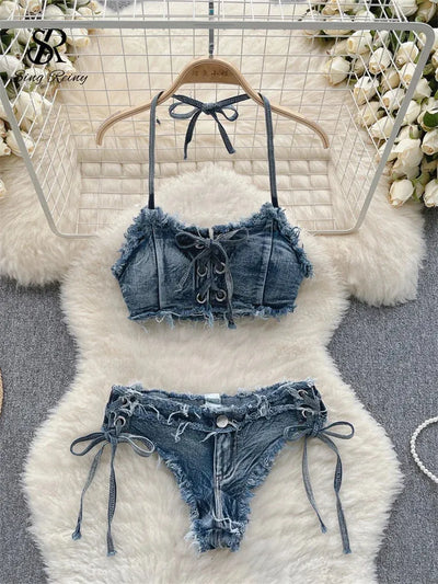 Halterneck Backless Denim Lace up Crop Top
