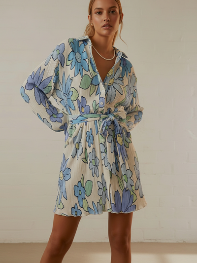 Floral Print Pleated Dress by Exclusives on sale, cream base with blue and green florals and waist-tie belt.