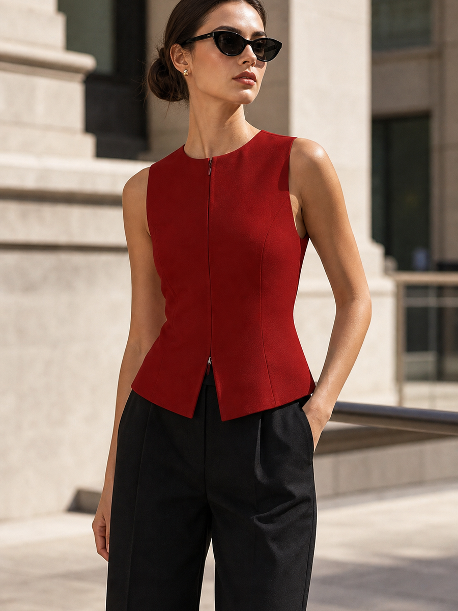 Structured Sleeveless Zip Front Top by Exclusives, red tank on sale