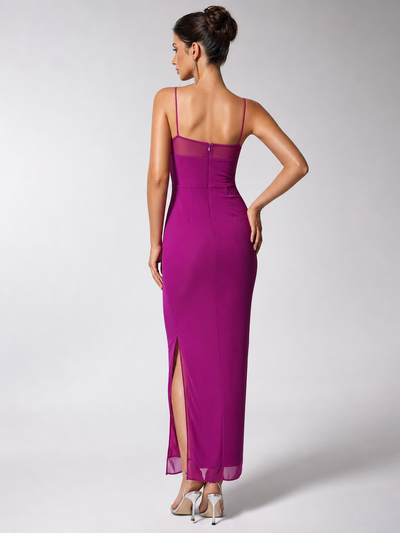 Pink tube high-slit sheath maxi dress by EXCLUSIVES, with spaghetti straps and sheer back panel, on sale