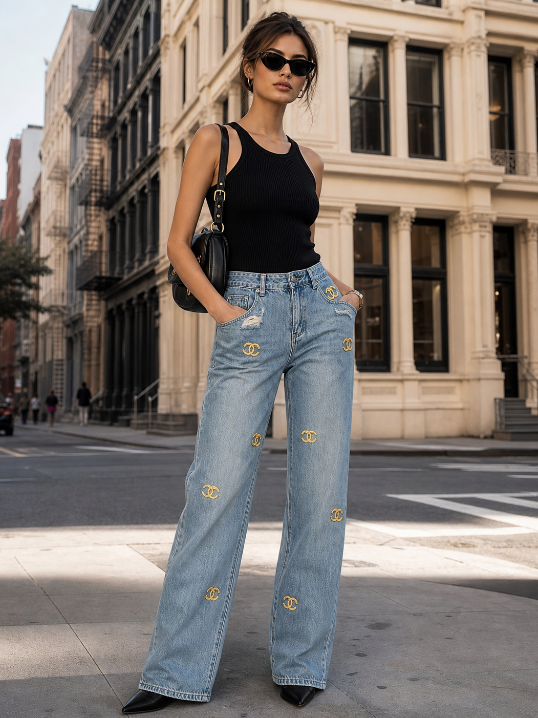 Pants CC Distressed Blue Wide-Leg Denim with gold CC logos