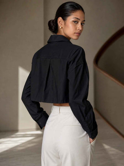 Full Sleeves Satin Collared Crop Shirt Top