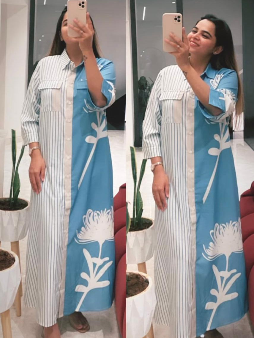 Blue Printed Shirt Long Dress with Belt