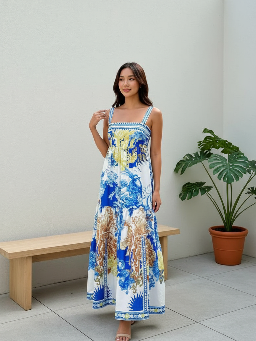 Square neck Floral Print Sundress Midi