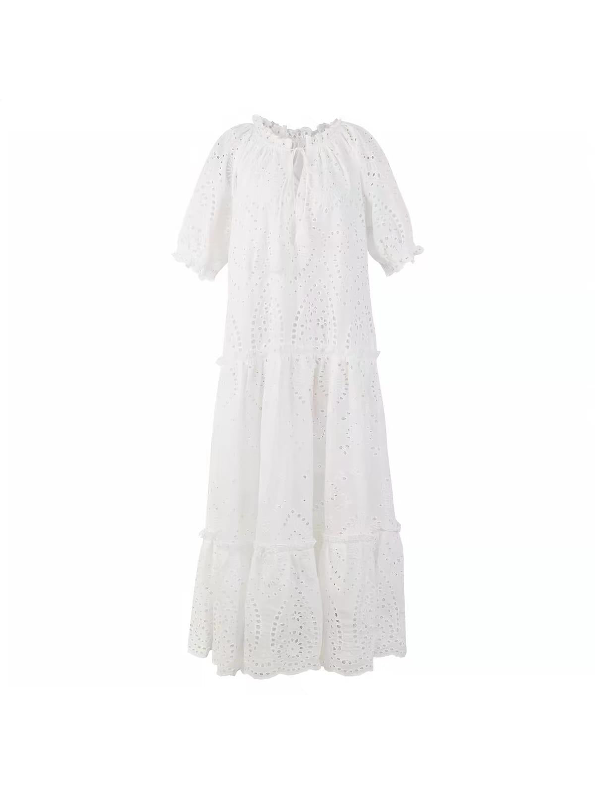Exclusives Sunlit Broderie Tiered Maxi Dress, white eyelet, puff sleeves