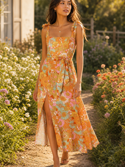 Tied Spaghetti Strap Floral Print Midi Dress by SR Store in orange-pastel floral with sash-tie waist.