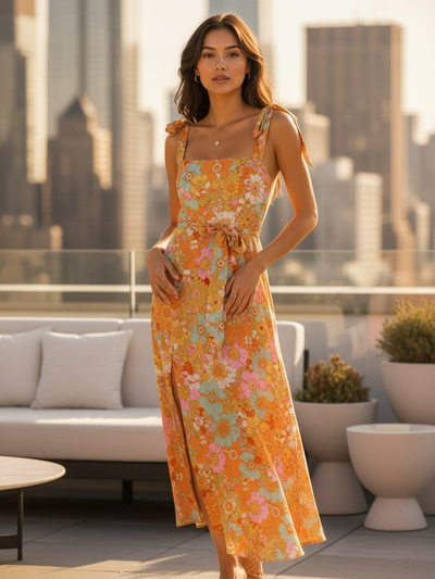 Tied spaghetti-strap floral print midi dress in warm orange with pink, blue accents; rooftop-city setting, on sale.