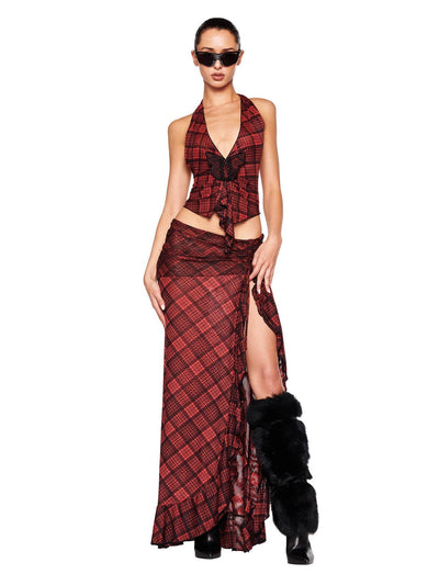 Diana Plaid Print Vest Top & Wrap Slit Skirt Coord Set
