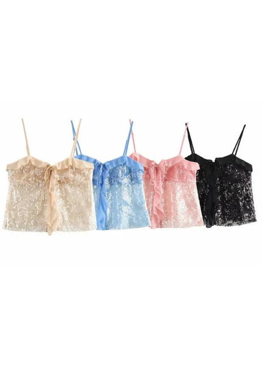 Spaghetti Strap Ruffle Cami Crop Sequins Top