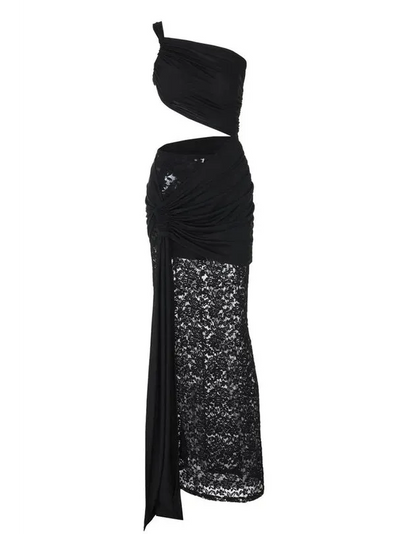 Black one-shoulder maxi dress with ruched waist twist, cut-out detail, and sheer lace skirt with a long draped sash.
