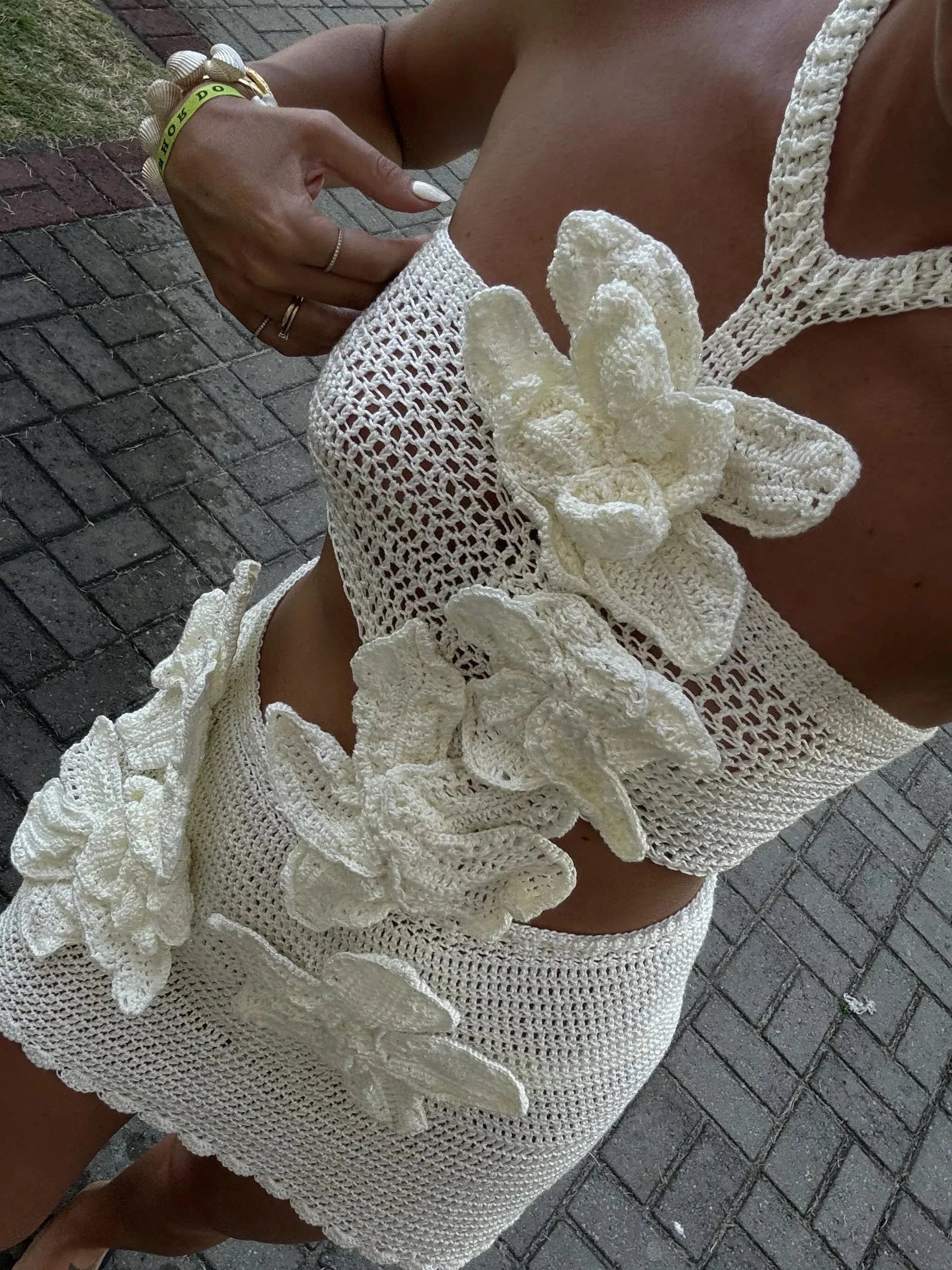 Mia Halterneck Crochet Applique Cutout Short Dress