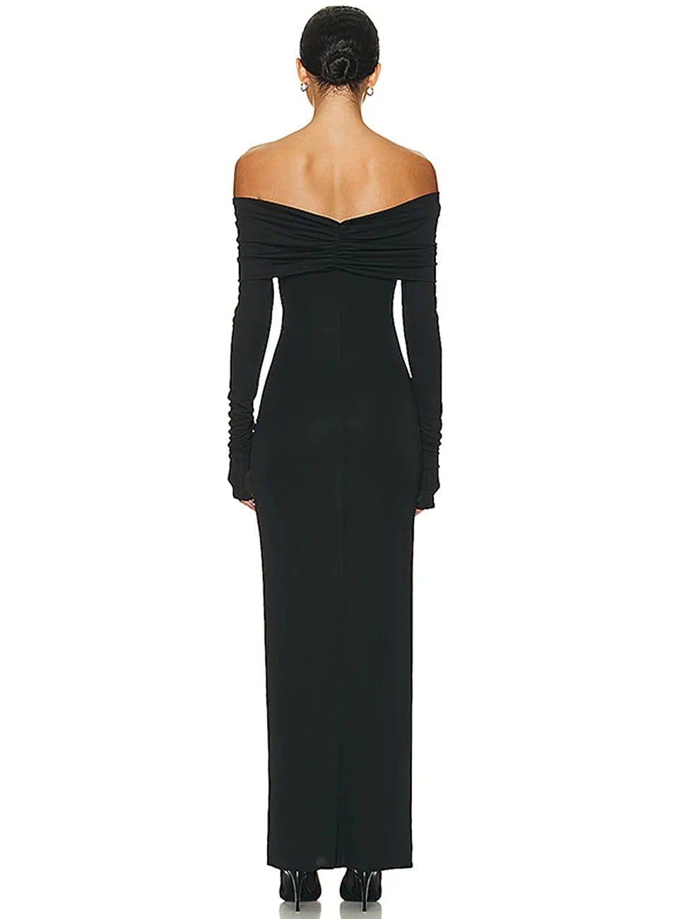 Back view of a black off-shoulder maxi dress with a pleated, ruched bodice and long ruched sleeves.