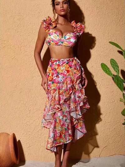 Floral Print Ruffle Bikini Set With Skirt