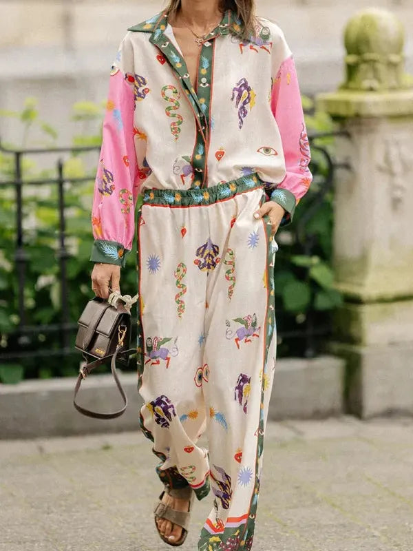 Summer Animal Eye Print Shirt & Pants Coord Set