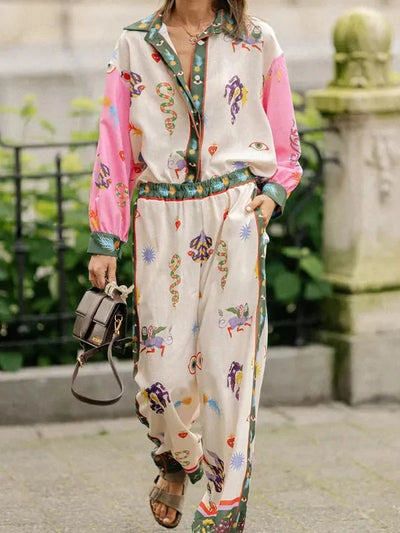 Summer Animal Eye Print Shirt & Pants Coord Set