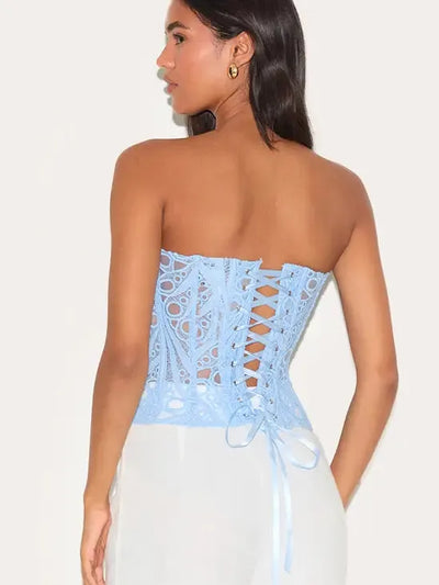 Valencia Mesh Lace Tie Back Solid Tube Top in light blue with lace-up back