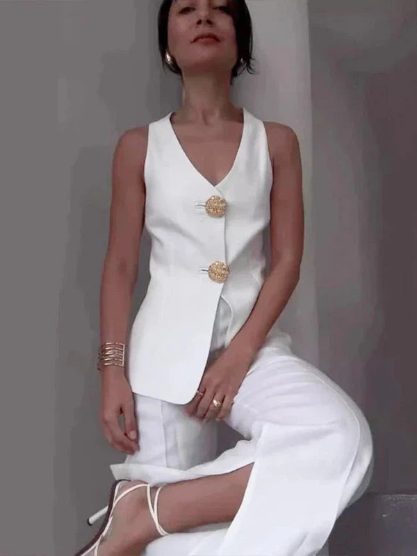 Shell Long Vest Waist Coat & Wide Leg Pant With Slit Coord Set