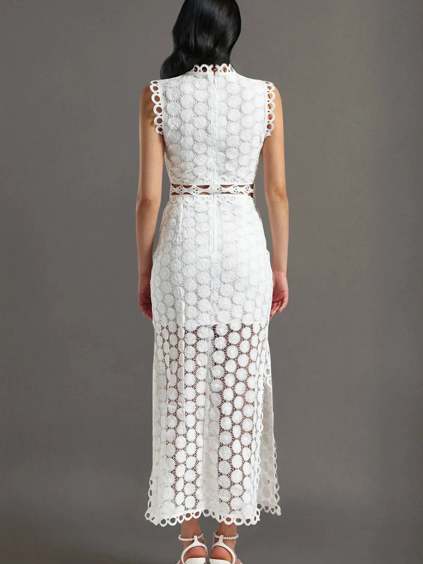 Crew Neck Laser Sleeveless Slit Maxi Lace Dress